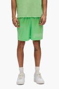 Metal Swim Shorts featuring a silicone printed logo, pull-on waist with drawcords, available in various sizes.