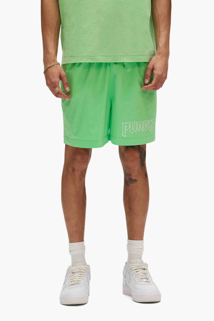 Metal Swim Shorts featuring a silicone printed logo, pull-on waist with drawcords, available in various sizes.