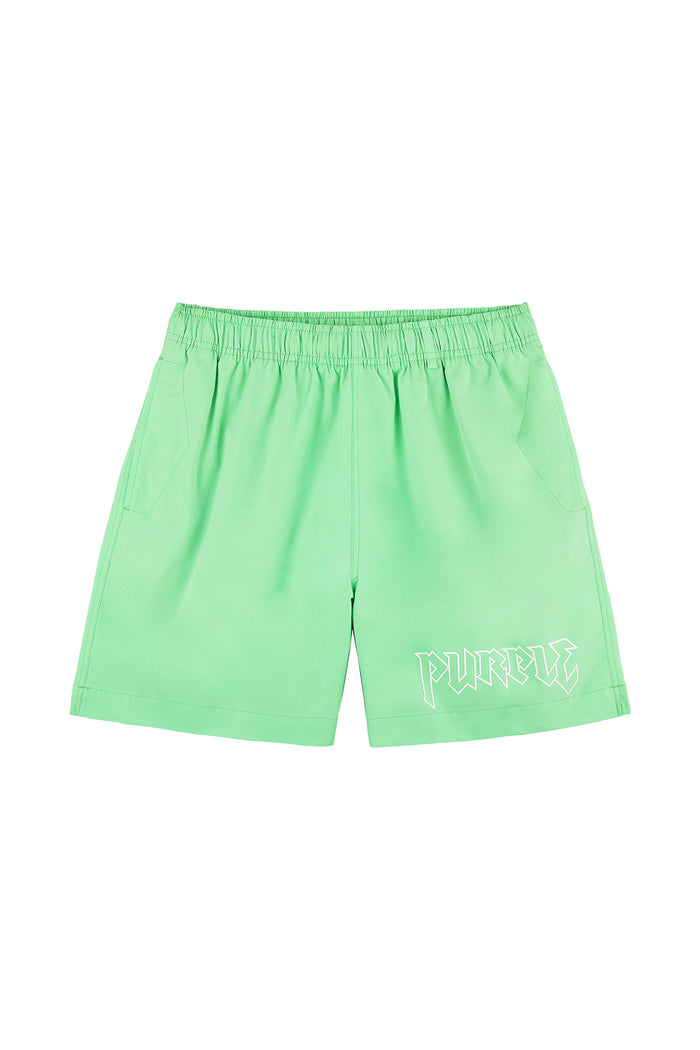 Metal Swim Shorts with pull-on waist and drawcords, featuring a silicone Purple Brand logo.