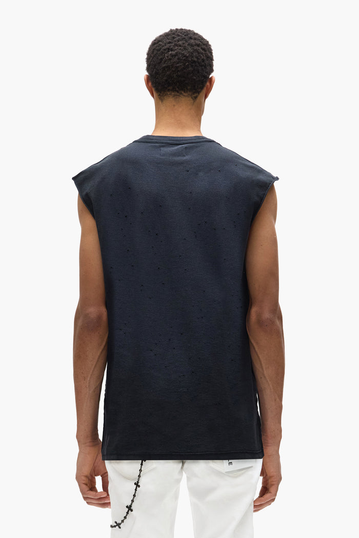 black Metal Tank Top with Purple Brand crackle print and inset crewneck collar
