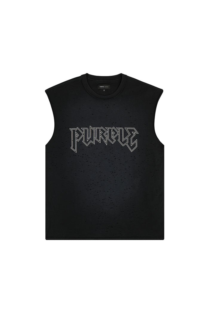 Black Metal Tank Top with Purple Brand crackle print and inset crewneck collar.