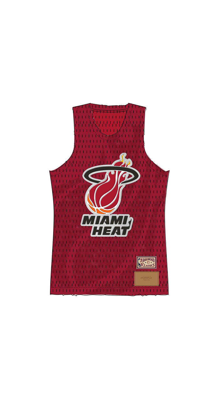 Miami Heat Mesh Jersey in red with screen print and raw edge finish, available in various sizes.