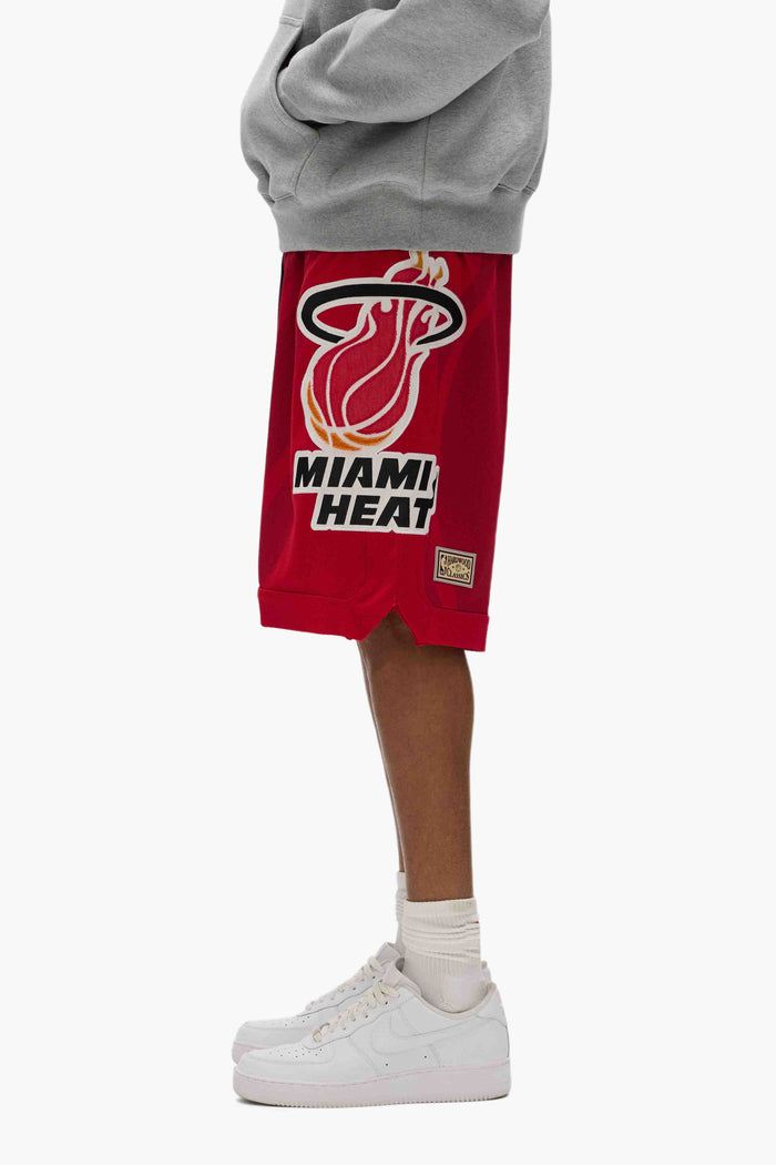 Miami Heat Mesh Shorts with elastic waistband and drawcords, featuring heavyweight sport mesh.