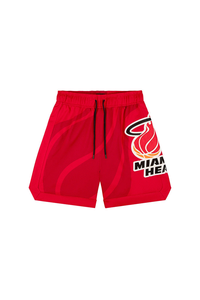 Miami Heat Mesh Shorts featuring an elastic waistband and drawcords in a relaxed fit.