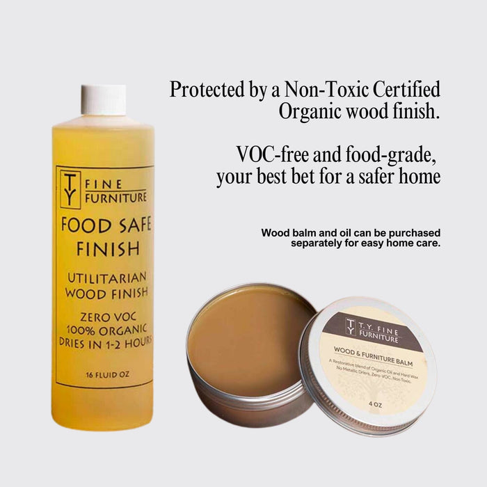 A bottle of TY Fine Furniture Food Safe Finish and a tin of Wood Furniture Balm, both organic, VOC-free, and food-grade—perfect for maintaining your TY Fine Furniture Mixed Wood Cutting Board with Integrated Bowl Serving Tray Large.