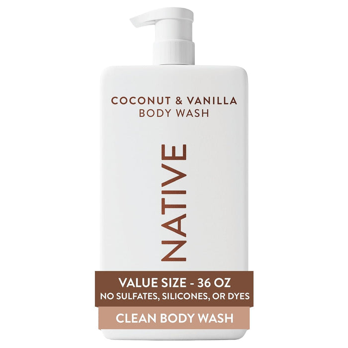 Native Body Wash for Women & Men, Coconut & Vanilla, 36 oz Pump Bottle, Sulfate-Free & Gentle for All Skin Types