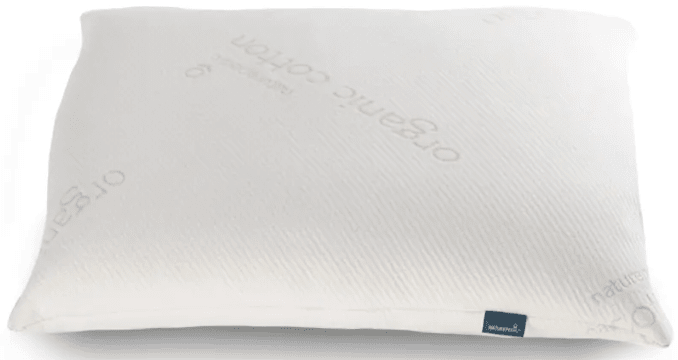 The Naturepedic Organic Pillows Fiber Filled by Naturepedic is a rectangular white pillow made with organic cotton, featuring a soft textured cover, subtle printed text, and a small blue fabric tag accentuating its sustainable design.