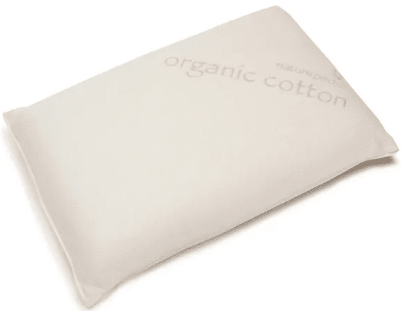A rectangular white Naturepedic Organic Solid Latex Pillow with "organic cotton" in light beige text appears on a plain background.