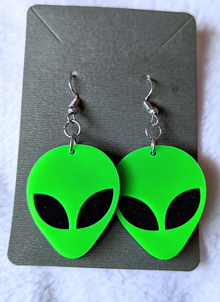 Neon Green Alien Head Acrylic Dangle Earrings