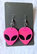 Neon Pink Alien Head Acrylic Dangle Earrings