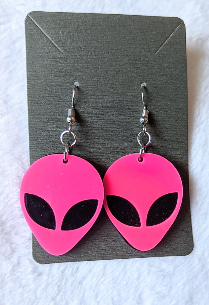 Neon Pink Alien Head Acrylic Dangle Earrings