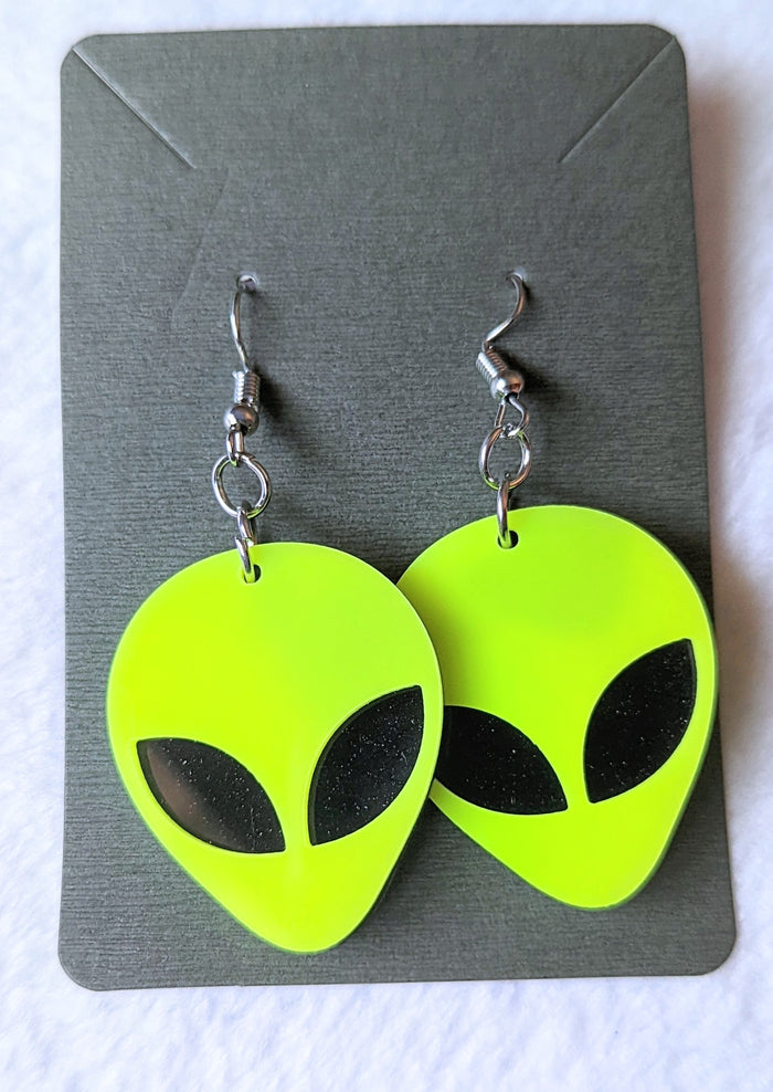 Neon Yellow Alien Head Acrylic Dangle Earrings