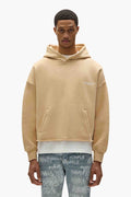 Beige Newsprint Cropped Hoodie with Purple Brand logo and newsprint graphic on the back.