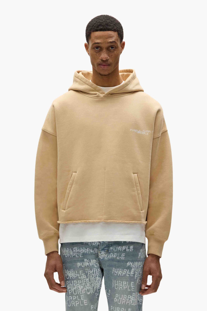 Beige Newsprint Cropped Hoodie with Purple Brand logo and newsprint graphic on the back.