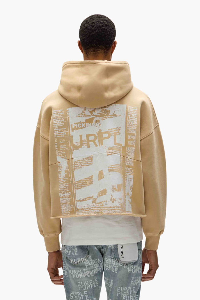 Newsprint Cropped Hoodie in faded wash with graphic and logo on chest and back.