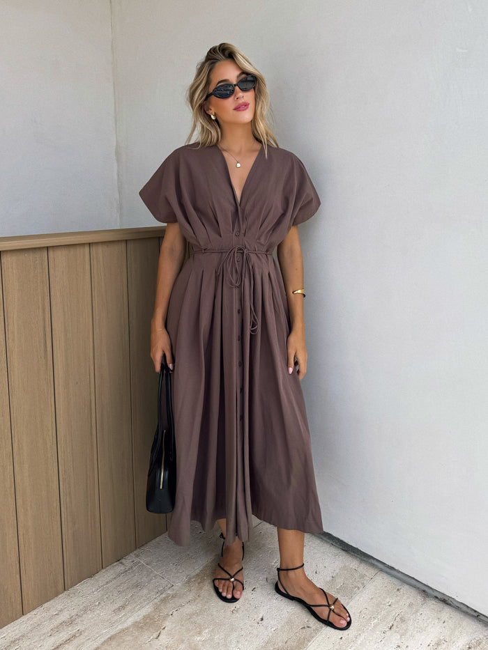 Nova Pleated Midi Dress in Cocoa - Stitch And Feather
