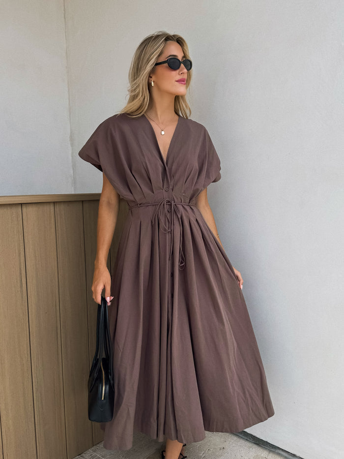 Nova Pleated Midi Dress in Cocoa - Stitch And Feather