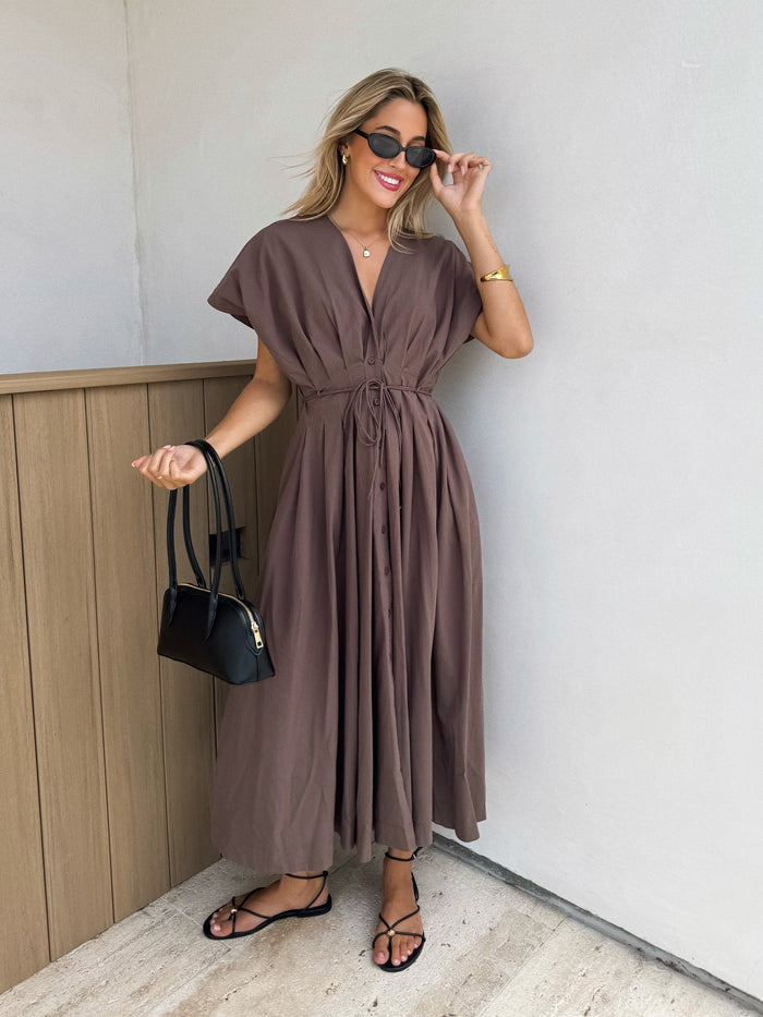 Nova Pleated Midi Dress in Cocoa - Stitch And Feather