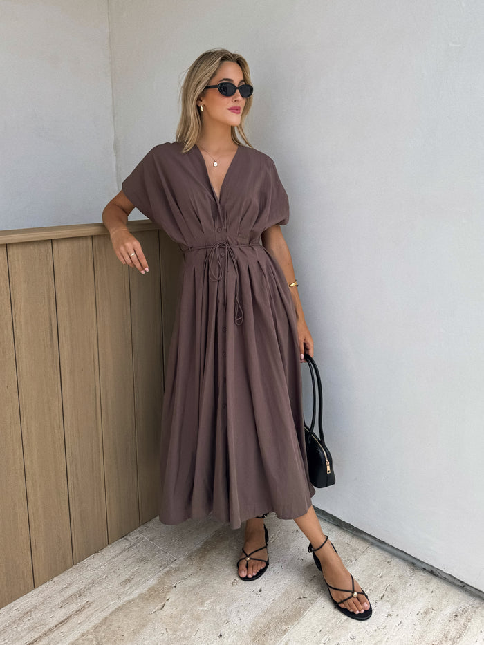 Nova Pleated Midi Dress in Cocoa - Stitch And Feather