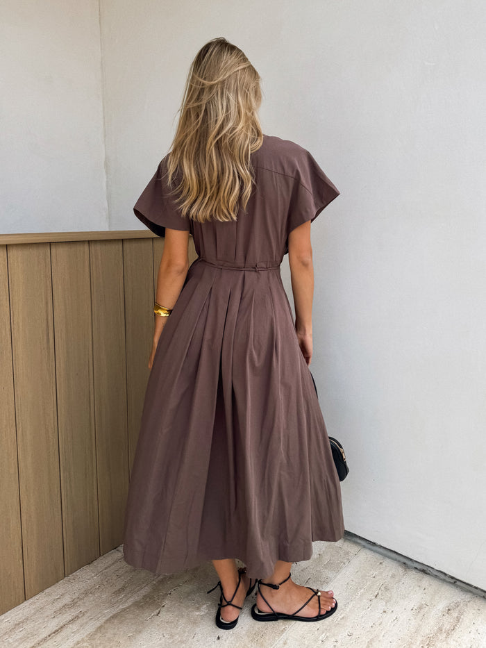 Nova Pleated Midi Dress in Cocoa - Stitch And Feather