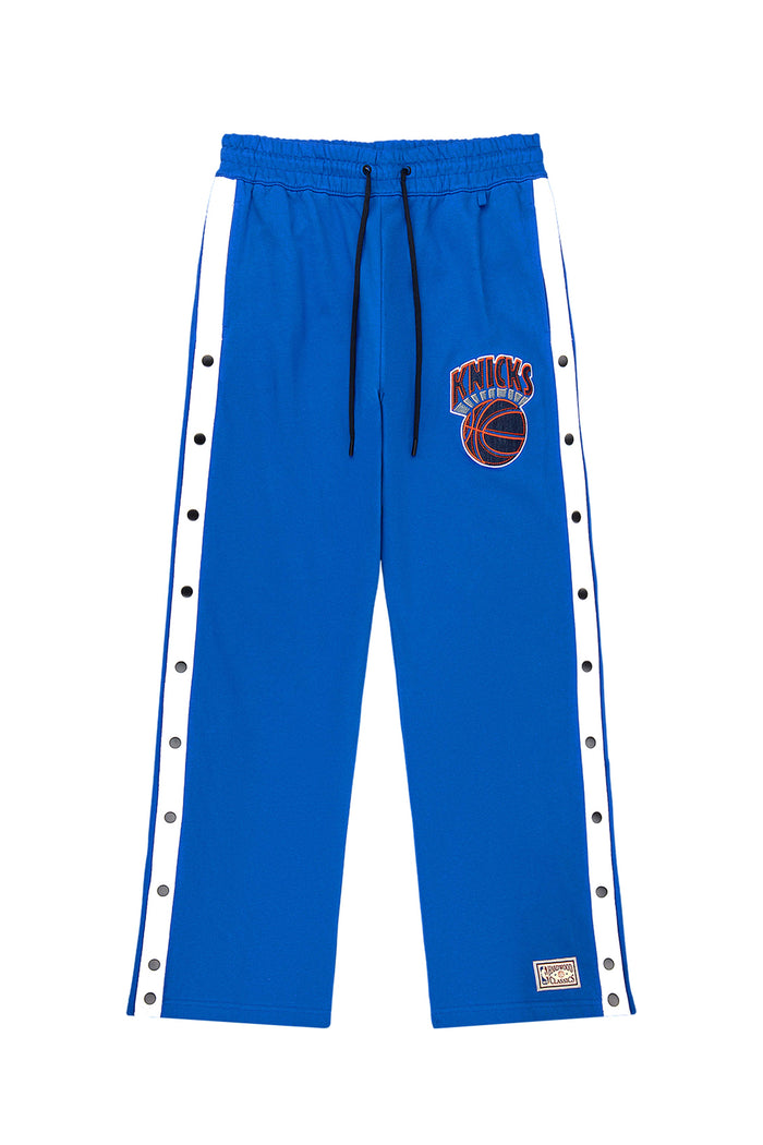 NY Knicks Snap Pants with snap buttons, elastic waistband, and embroidered graphics.
