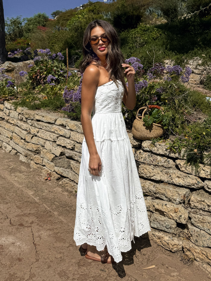 Odelia Strapless Eyelet Midi Dress in White - Stitch And Feather