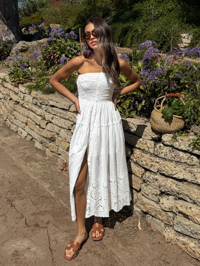 Odelia Strapless Eyelet Midi Dress in White - Stitch And Feather