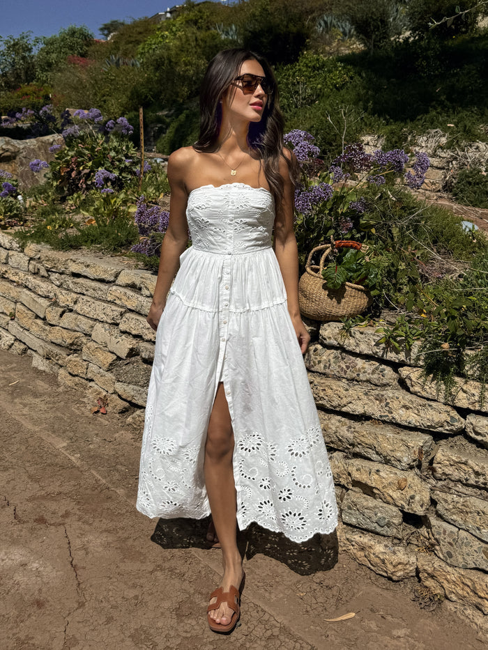 Odelia Strapless Eyelet Midi Dress in White - Stitch And Feather