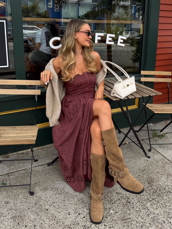 Odelia Strapless Midi Dress in Chocolate - Stitch And Feather