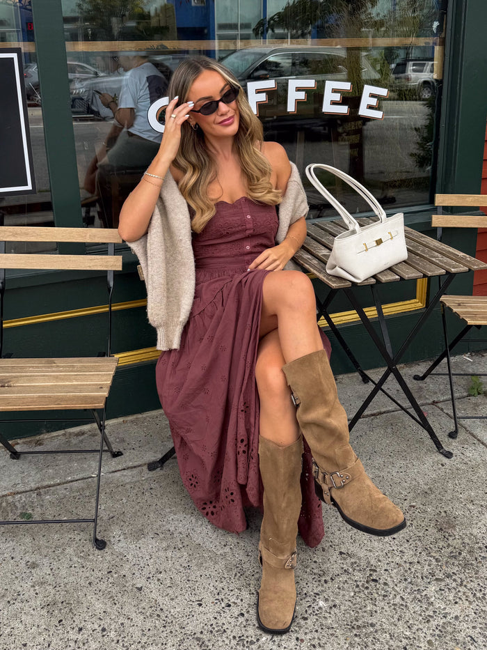 Odelia Strapless Midi Dress in Chocolate - Stitch And Feather