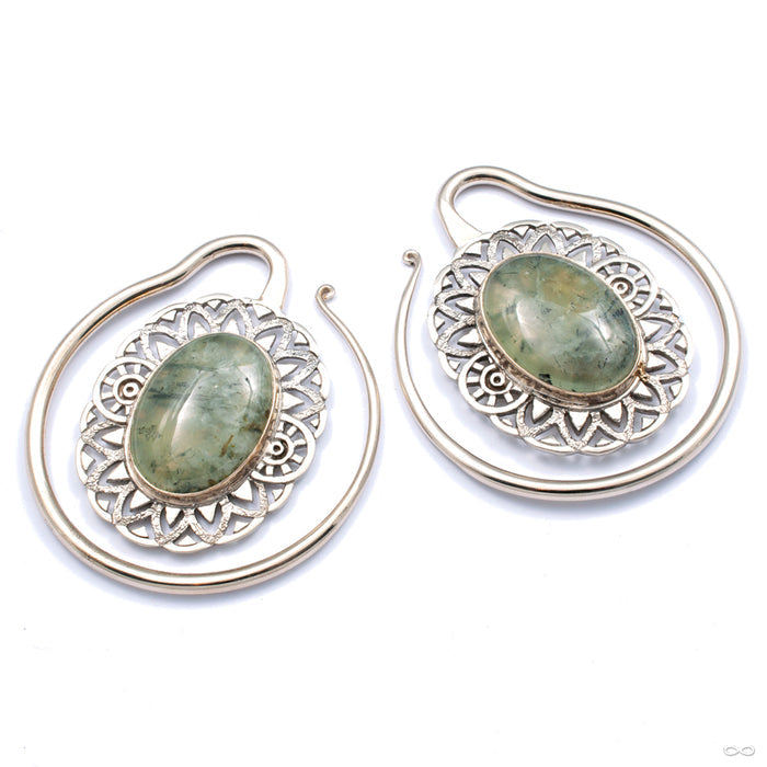 Oval Puj Ju Hoops in White Brass with Prehnite from Diablo Organics