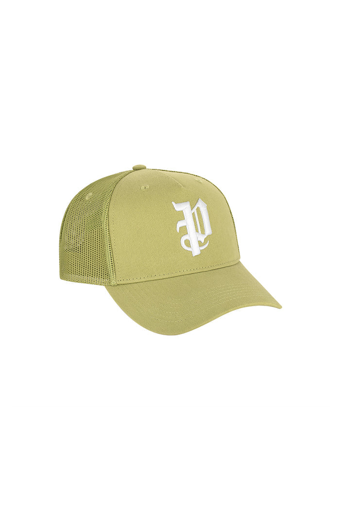 P Logo Trucker Hat green with gothic Purple Brand monogram and curved visor, OS size