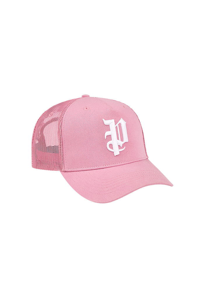 P Logo Trucker Hat in green with gothic Purple Brand monogram and curved visor, OS size.