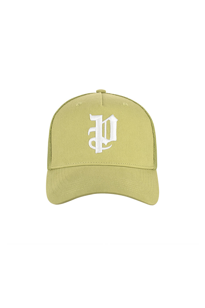 P Logo Trucker Hat in green with gothic Purple Brand monogram and curved visor design.