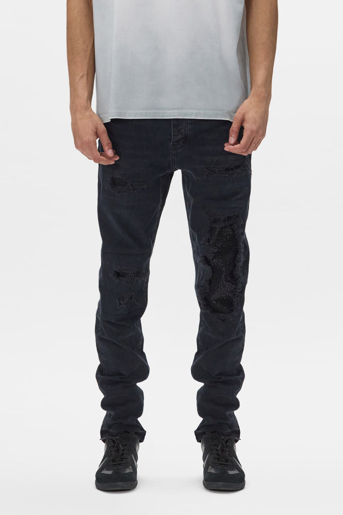 Beaded Repair Denim, premium stretch, sizes 28-40, features surface abrasions and beaded patches