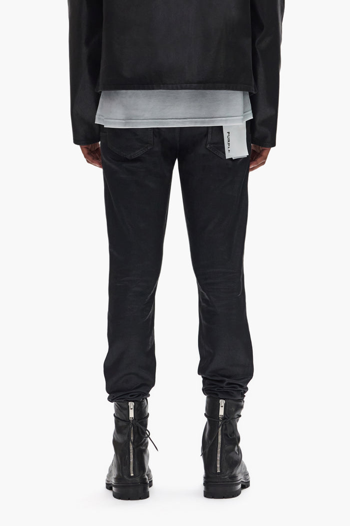 P001 Coated Indigo denim, low rise, black coating on indigo base, sizes 28-40.