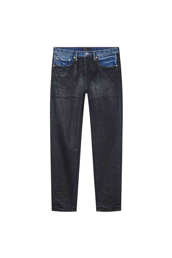 Coated Indigo denim jeans in low rise style with signature Purple hangtag and leather patch.