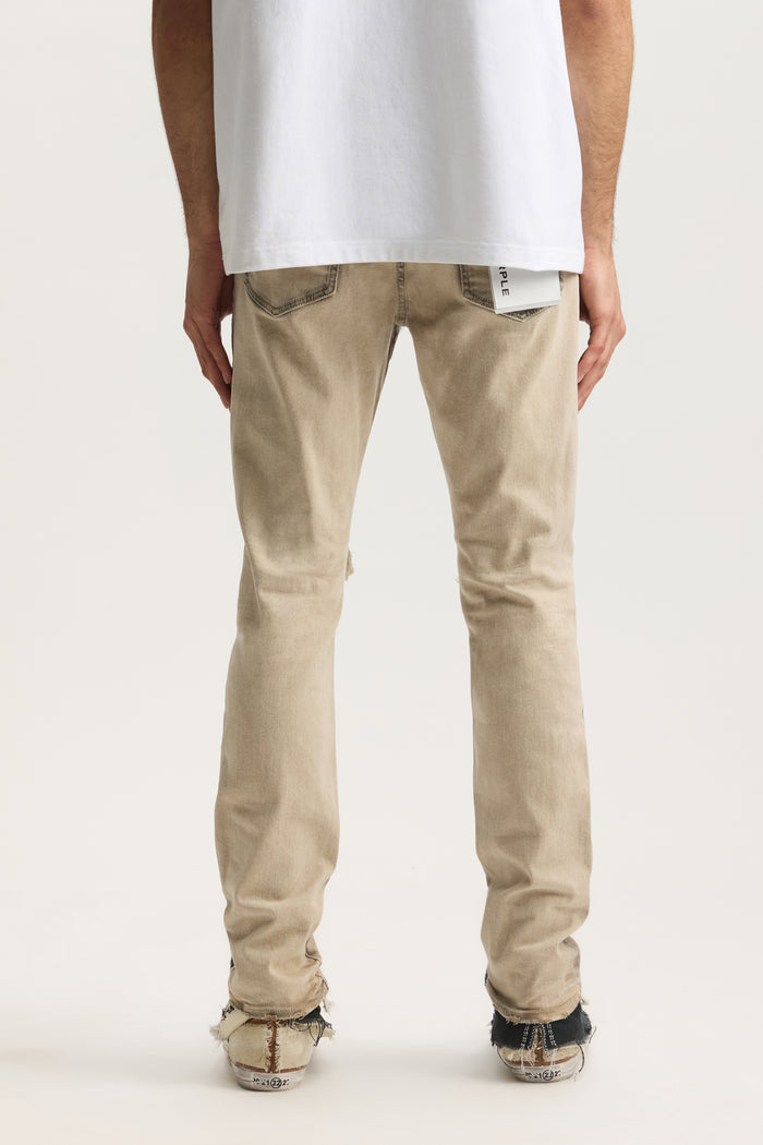 P001 Coated Seam denim low rise stretch skinny with spray coating and front blowouts