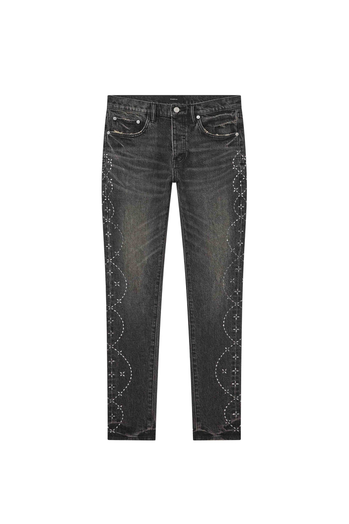Hotfix Twist denim in washed black with crystals on side seams and low rise fit.