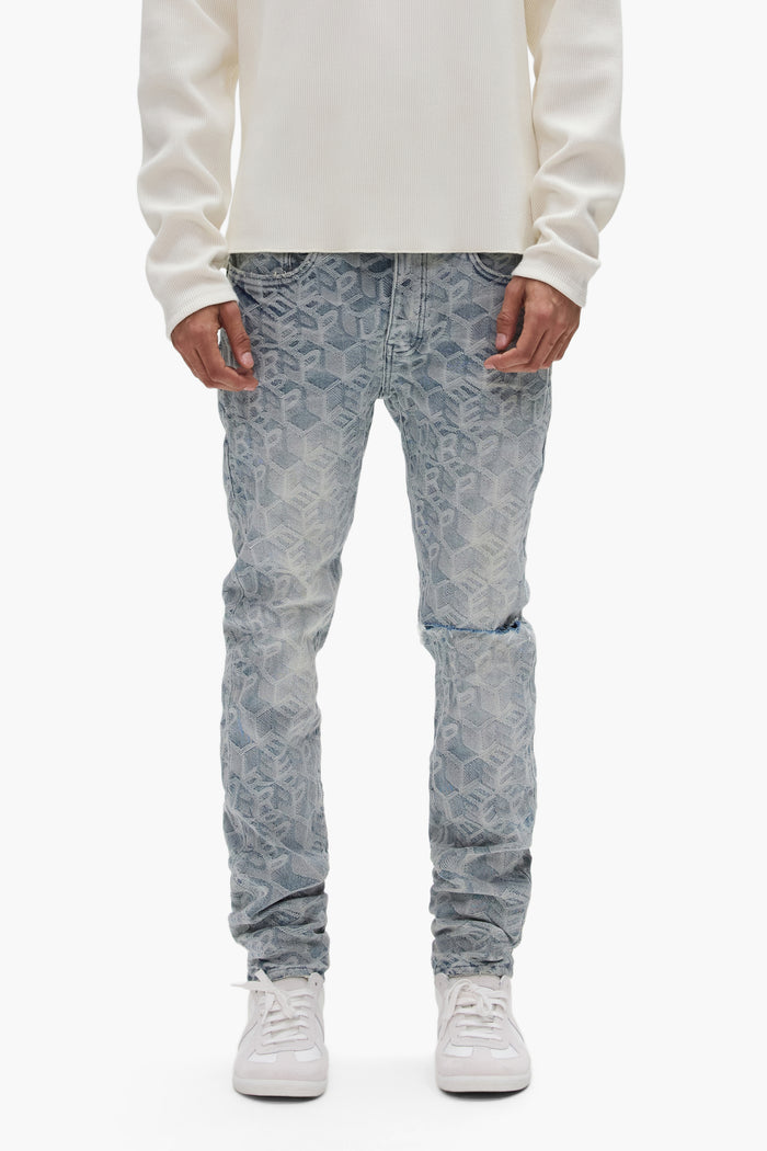 Stretch skinny denim P001 Jacquard Monogram with unique pattern and low rise design.