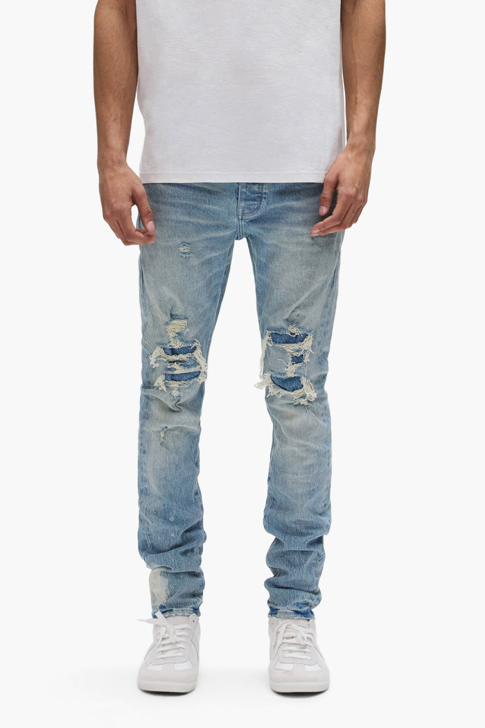 Stretch skinny denim with bleach detail, low rise and contrast top stitching, various sizes available.