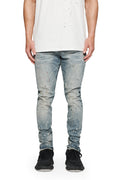 Faded Dappled Bleach Denim, Low Rise Stretch Skinny, size 28-40, features knee blowouts and paint spots.