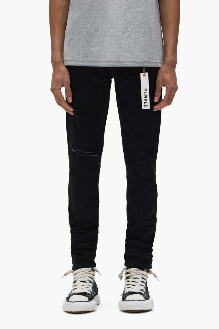 P002 Rinse Knee Slit denim in mid-rise slim fit with knee slit detail and purple hangtag.