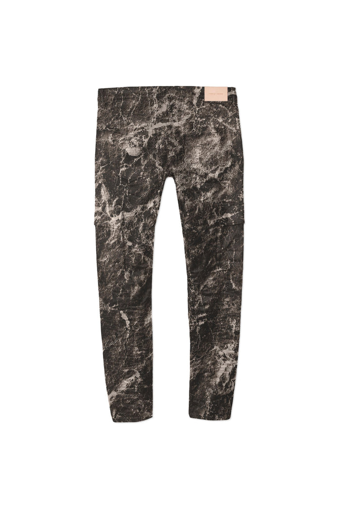 Black wash mid rise slim denim jeans with printed graphic throughout garment, available in various sizes.