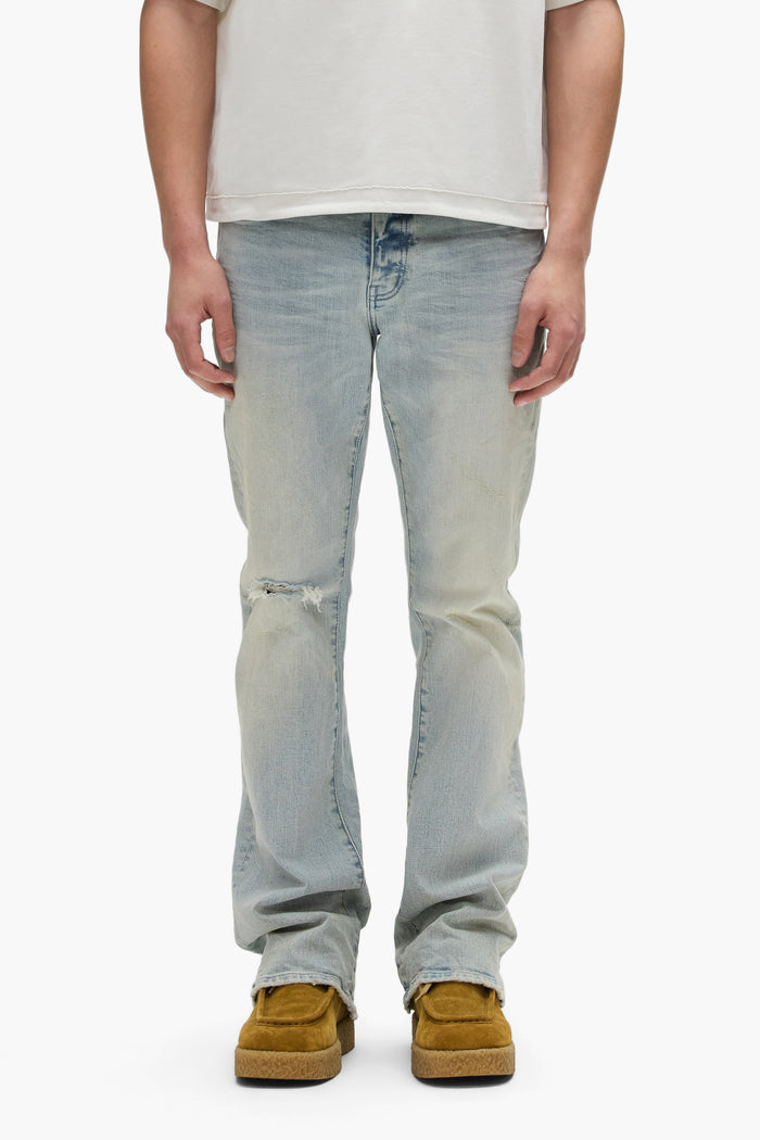 Slim fit flared leg denim jeans with knee blowouts from the P004 Blowout collection.