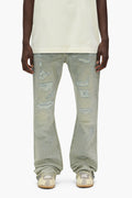 Light Indigo Slim Fit Flared Leg Denim with Crystal Repairs and 10" Leg Opening