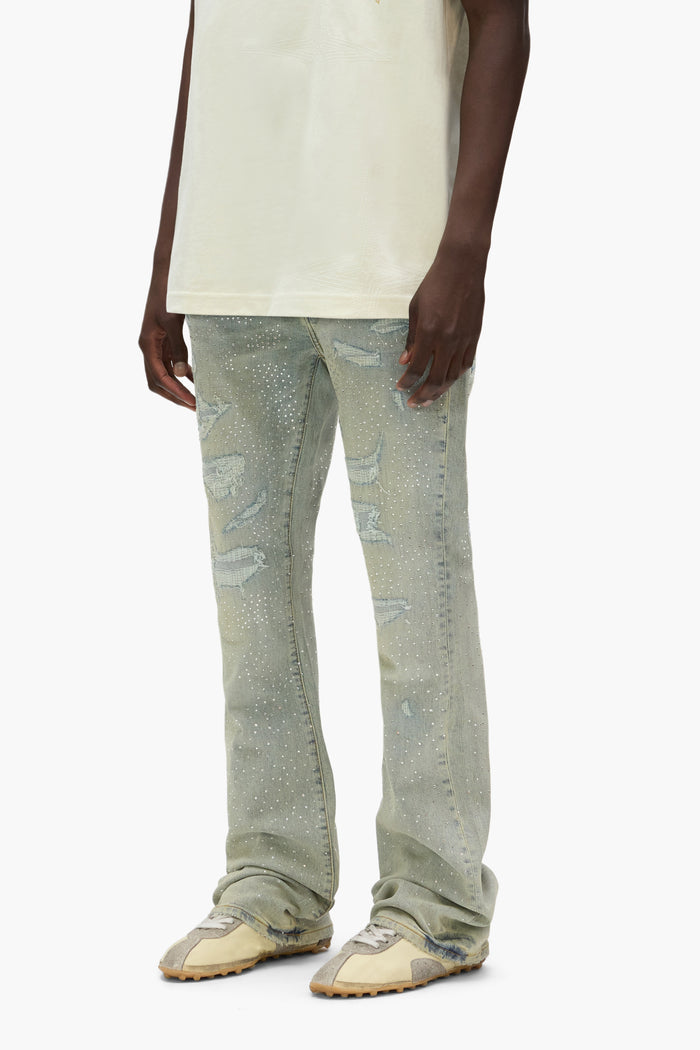 Light Indigo Slim Fit Denim with Flared Leg and Crystal Repair Detail, Sizes 28-40