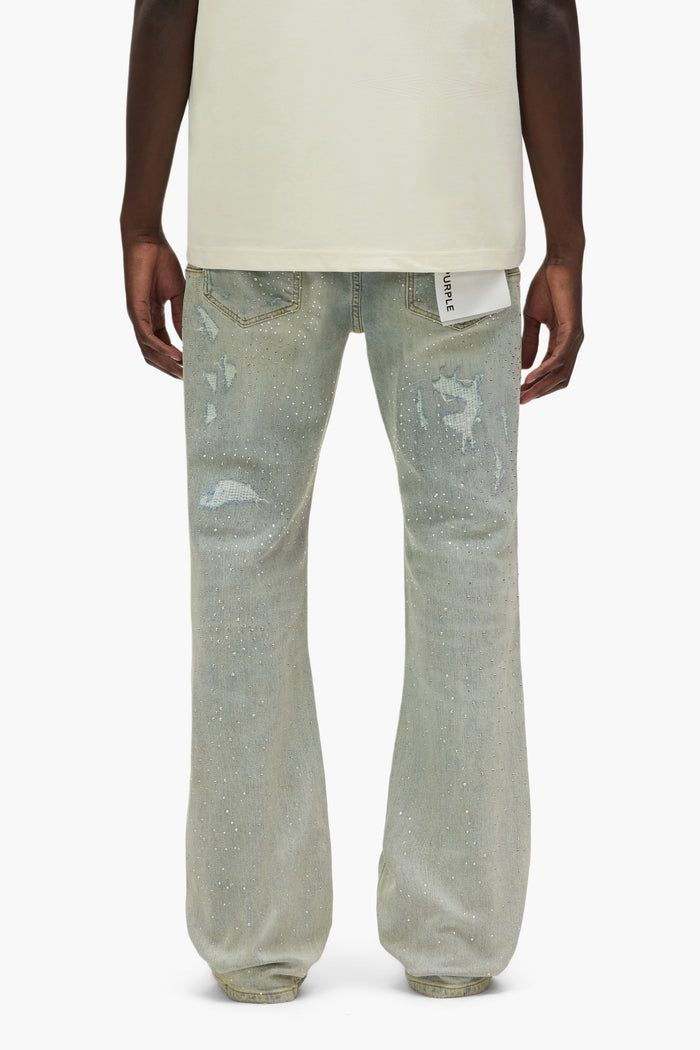 Light Indigo Slim Fit Flared Leg Denim with Crystal Repair detail, sizes 28 to 40