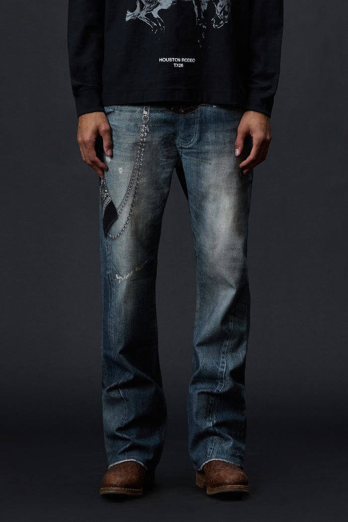 Rodeo 2026 White Label denim, low rise slim fit, flared leg, digital printed embellishments
