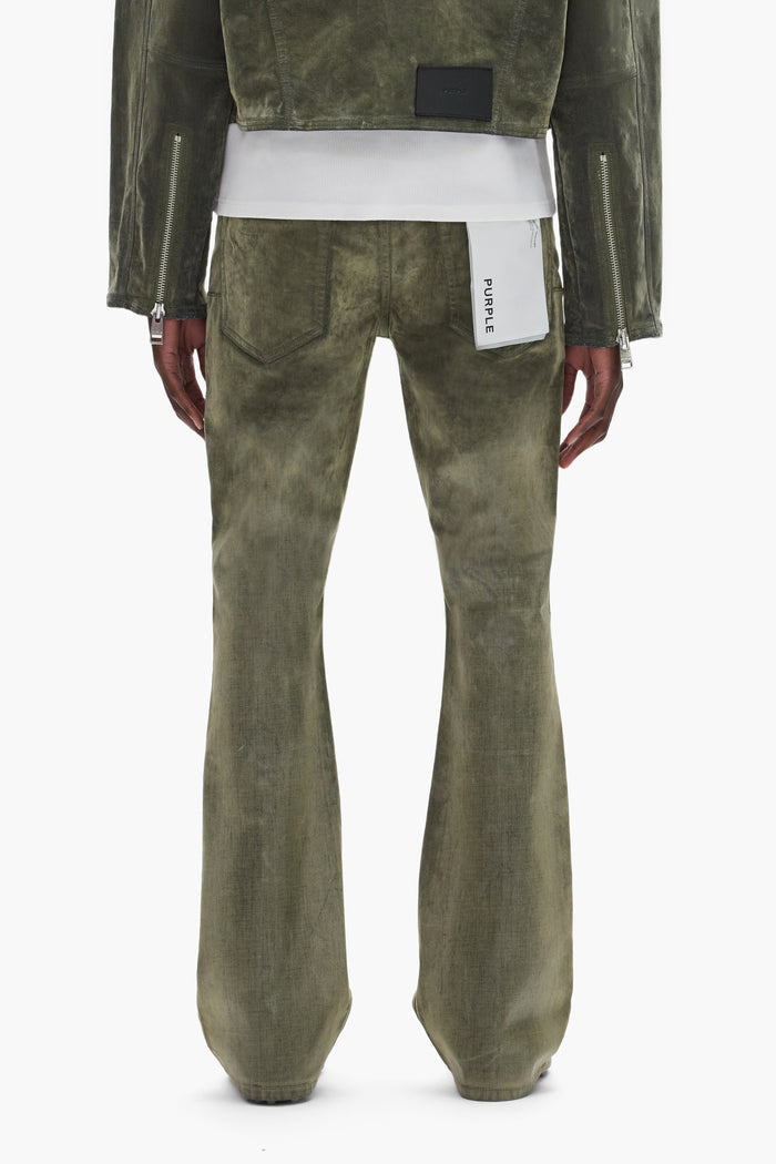 Flock Dipped Denim in green, low rise slim fit with flared leg, sizes 28 to 40.